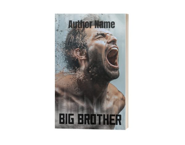 A book cover titled "Big Brother." It features an intense image of a man screaming with a portion of his face pixelated, giving a disintegrating effect. The title is at the bottom in bold letters, and "Author Name" is written at the top. The backdrop is a neutral gradient. BookSelf Book Cover Design & Premade Book Covers