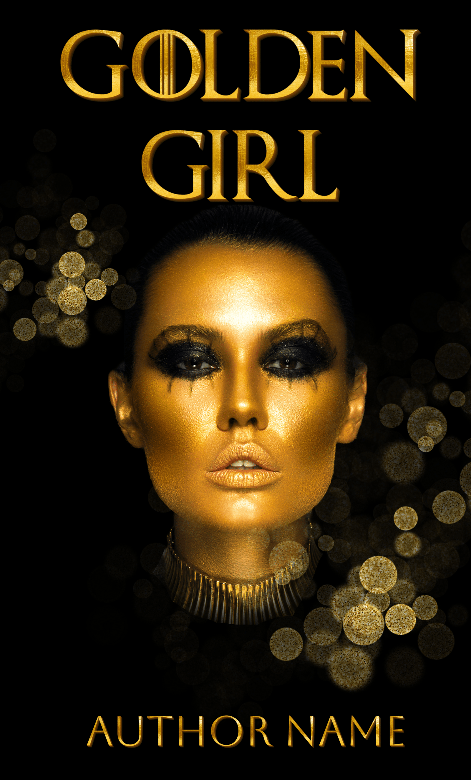 A book cover titled "eBook & Paperback Premade Book Cover" features a woman's face painted in metallic gold with dramatic black eye makeup. She wears a gold choker necklace. The background is black with mesmerizing gold bokeh light effects. "AUTHOR NAME" is elegantly written at the bottom in shimmering gold letters. BookSelf Book Cover Design & Premade Book Covers