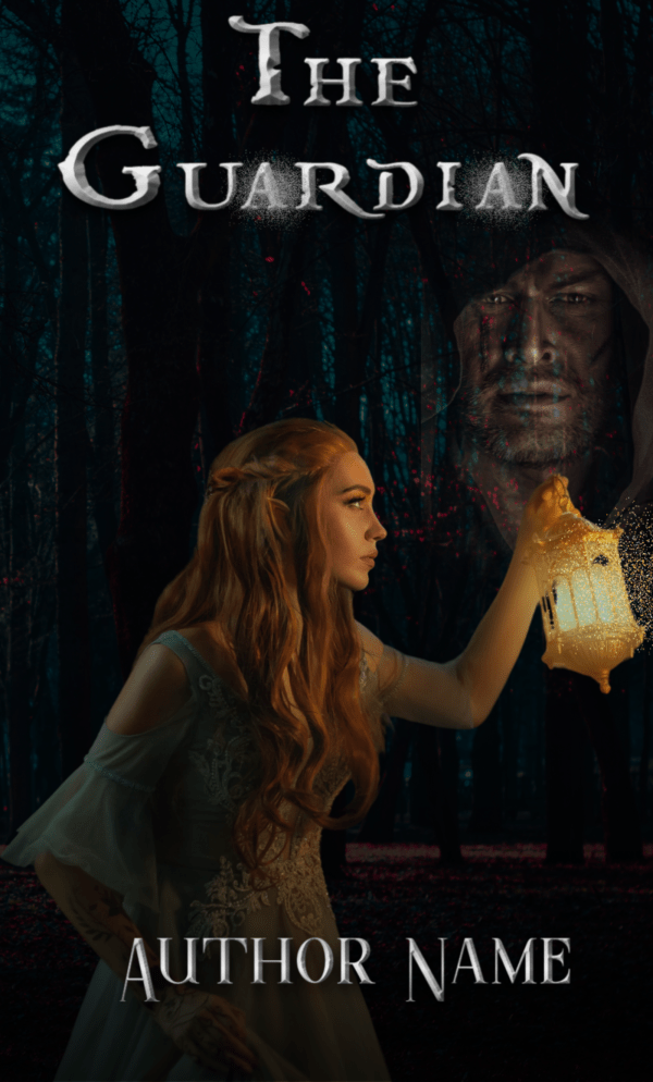 A young woman with long, red hair holds a glowing lantern in a dark, shadowy forest. She is dressed in an elegant, flowing gown. Above her, the face of a hooded figure appears in the darkness. The title "Ebook & Paperback Premade Book Cover" is at the top, and "Author Name" is at the bottom. BookSelf Book Cover Design & Premade Book Covers