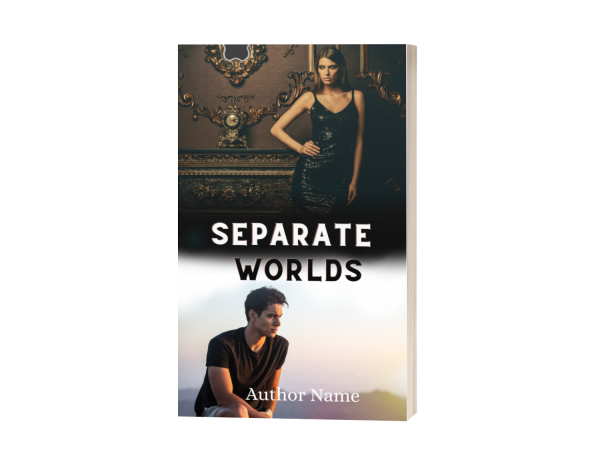 The premade cover for the Ebook & Paperback Premade Book Cover features a woman in an elegant black dress leaning against an ornate wall in a dimly lit interior, occupying the upper half. The lower half shows a man sitting outdoors with a contemplative look, against a backdrop of a hazy sky. The author’s name is at the bottom. BookSelf Book Cover Design & Premade Book Covers