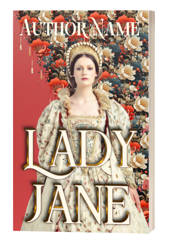 A historical fiction book cover titled "Lady Jane: Premade Book Cover." It features a solemn woman dressed in an ornate, vintage gown with an elaborate headpiece. She stands against a backdrop filled with red and white flowers. The author's name is displayed at the top in a gold font. BookSelf Book Cover Design & Premade Book Covers