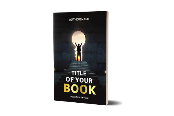 A 3D rendering of a book titled "TITLE OF YOUR BOOK" with "AUTHOR NAME" mentioned at the top. The cover features a person standing at the top of a staircase, arms raised, facing a bright, circular light opening in a wall. The placeholder "Place Subtitle Here" is positioned below the title. BookSelf Book Cover Design & Premade Book Covers