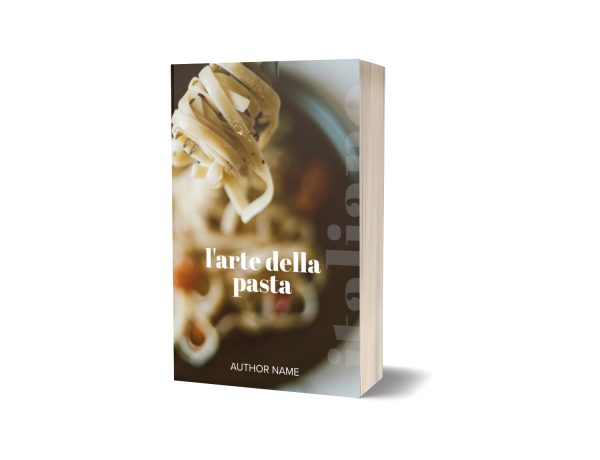 A book titled "L'arte della pasta" featuring a close-up image of cooked pasta being lifted by a fork. The background is blurred, focusing attention on the pasta. The title is written in white, centered on the cover, and the author name is positioned at the bottom. The spine reads "italiano. BookSelf Book Cover Design & Premade Book Covers