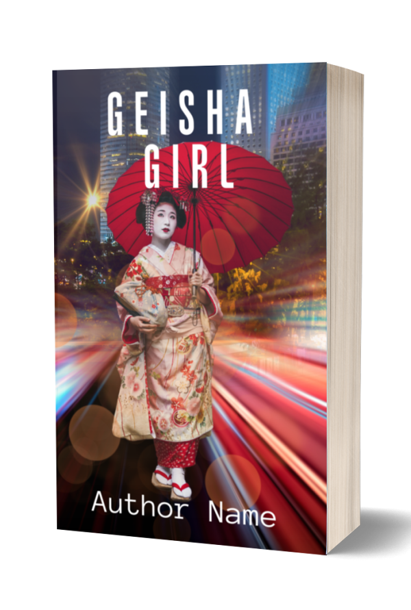Premade Ebook & Paperback Book Cover" showcases a woman in traditional geisha attire, holding a red umbrella. She stands against the backdrop of a brightly lit, fast-paced cityscape at night, with light trails indicating motion. BookSelf Book Cover Design & Premade Book Covers