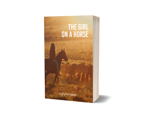 A 3D rendering of a book titled "The Girl on a Horse." The cover features a silhouette of a girl riding a horse in a golden, sunlit field with other horses around. The author's name appears at the bottom, though it's not clearly visible. The book is shown standing upright against a white background. BookSelf Book Cover Design & Premade Book Covers