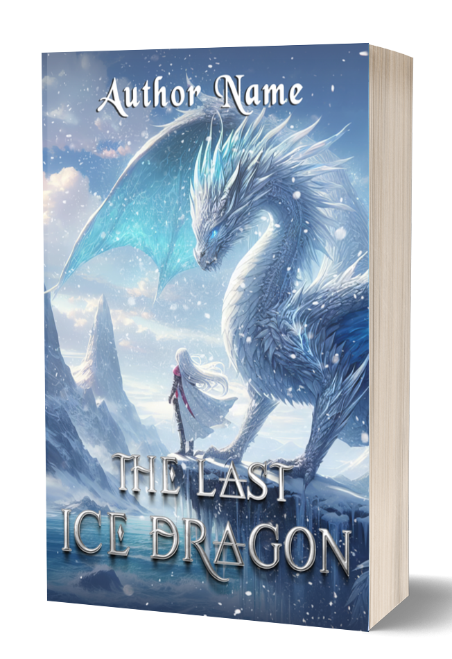 A fantasy book cover featuring a large, majestic ice dragon with crystalline blue scales and wings, set against a snowy, mountainous landscape. A person with long, flowing hair stands facing the dragon. The title "The Last Ice Dragon" and "Author Name" are displayed prominently. BookSelf Book Cover Design & Premade Book Covers