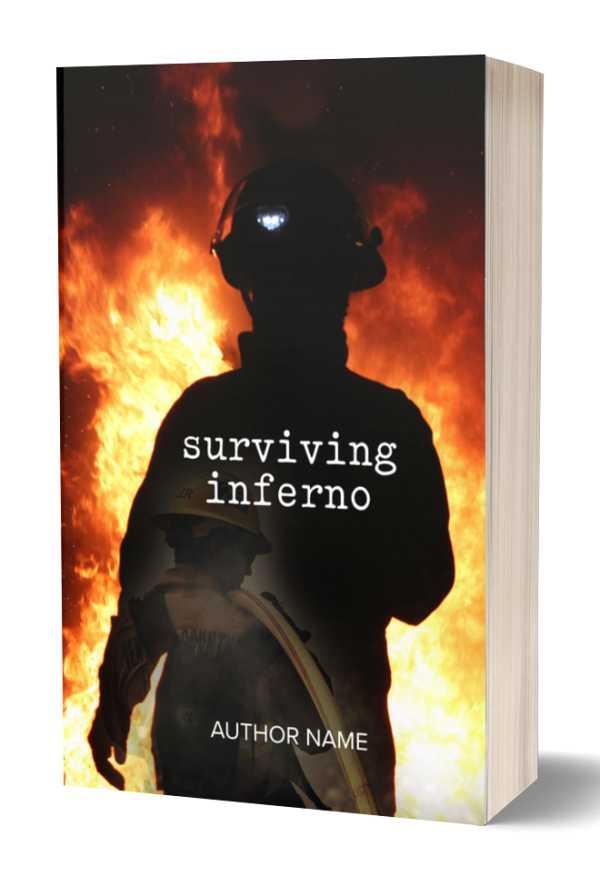 A book titled "Surviving Inferno" features the silhouette of a firefighter in full gear, holding a hose with vivid flames in the background. The firefighter's helmet has a small light on it, illuminating part of their face. The author's name is printed at the bottom against the fiery backdrop. BookSelf Book Cover Design & Premade Book Covers
