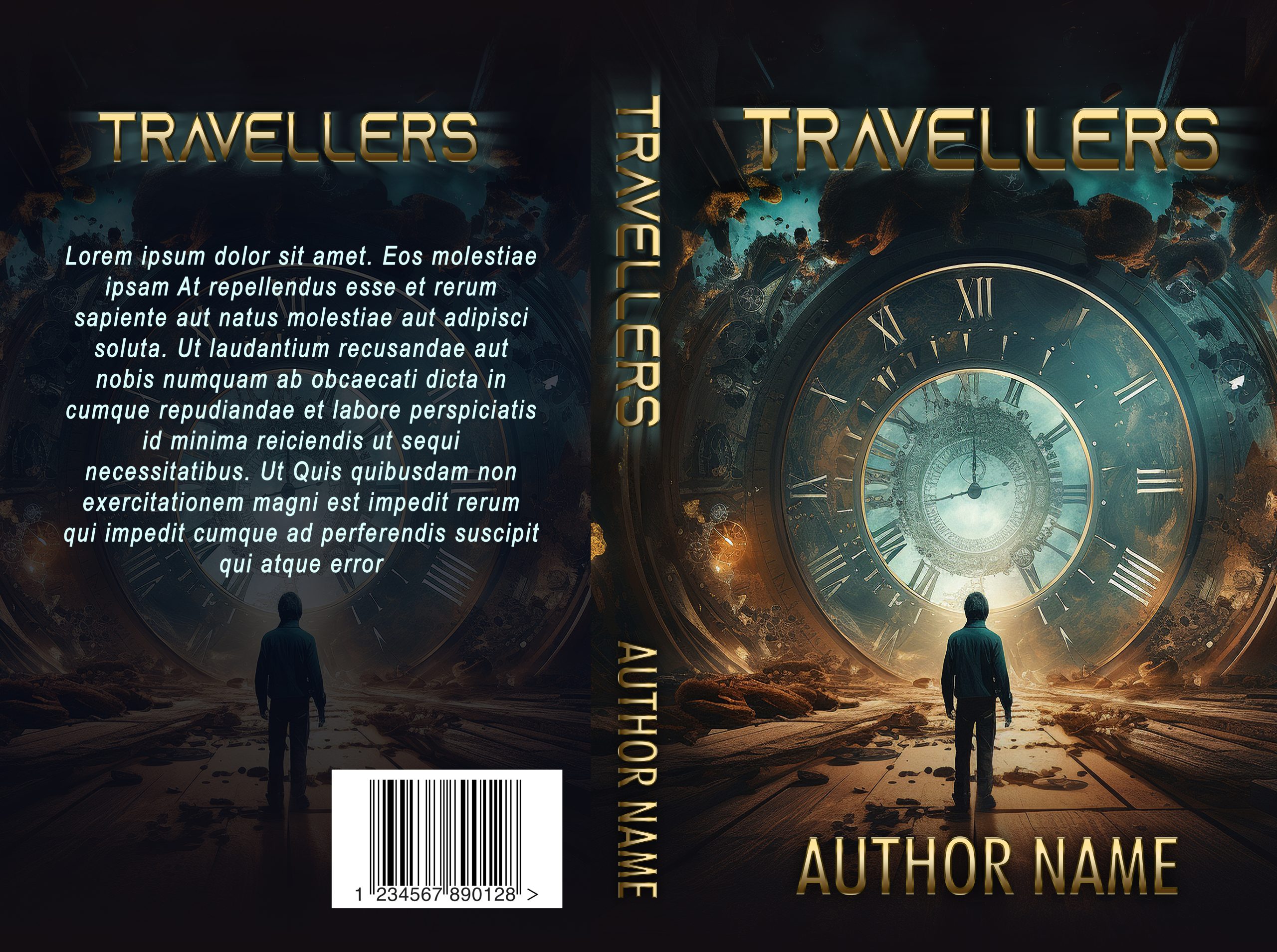A ready-made book cover titled "Travellers: Ready Made Book Cover" by Author Name. The cover shows a person standing before a giant, glowing clock in a dark, surreal landscape. The back cover features placeholder text describing the book and the same person, smaller, standing on rocky terrain. BookSelf Book Cover Design & Premade Book Covers