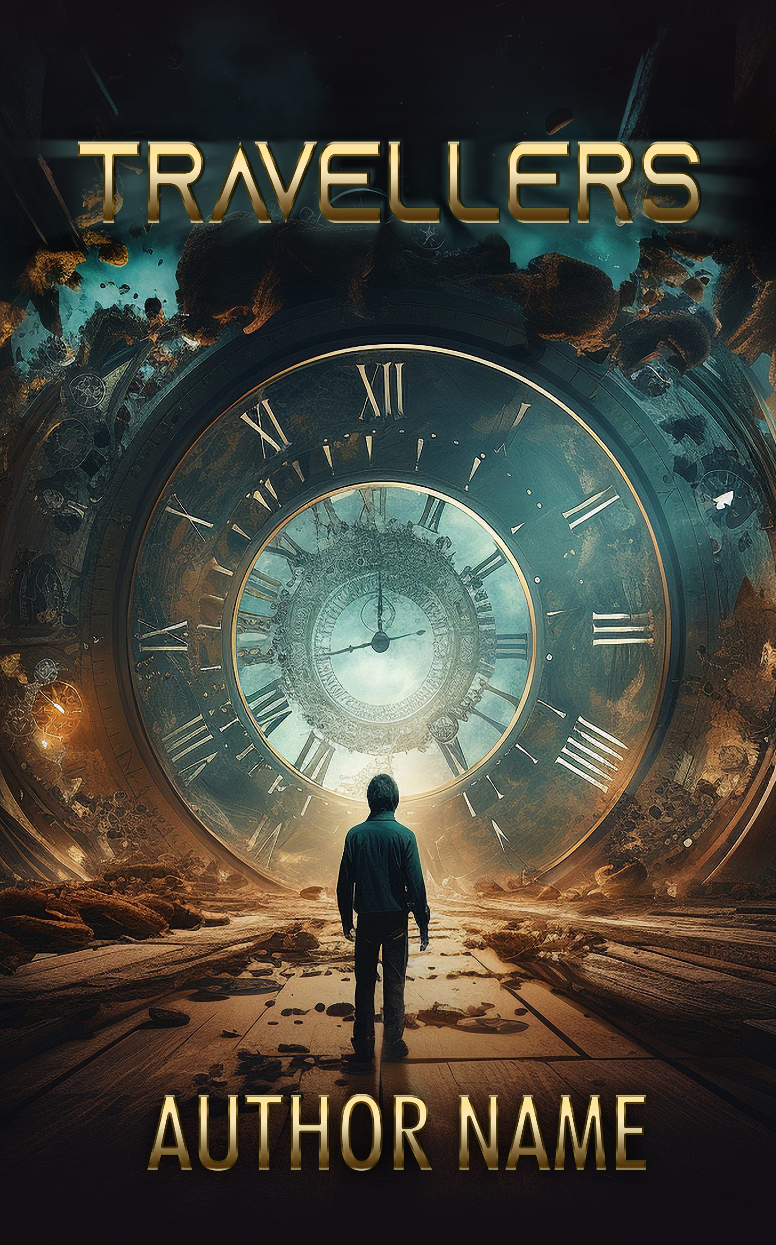 A book cover titled "Travellers" by an unnamed author. The artwork shows a person standing in front of a gigantic, glowing clock surrounded by debris and a cosmic background. The clock features Roman numerals and is set in a rugged, otherworldly landscape. BookSelf Book Cover Design & Premade Book Covers