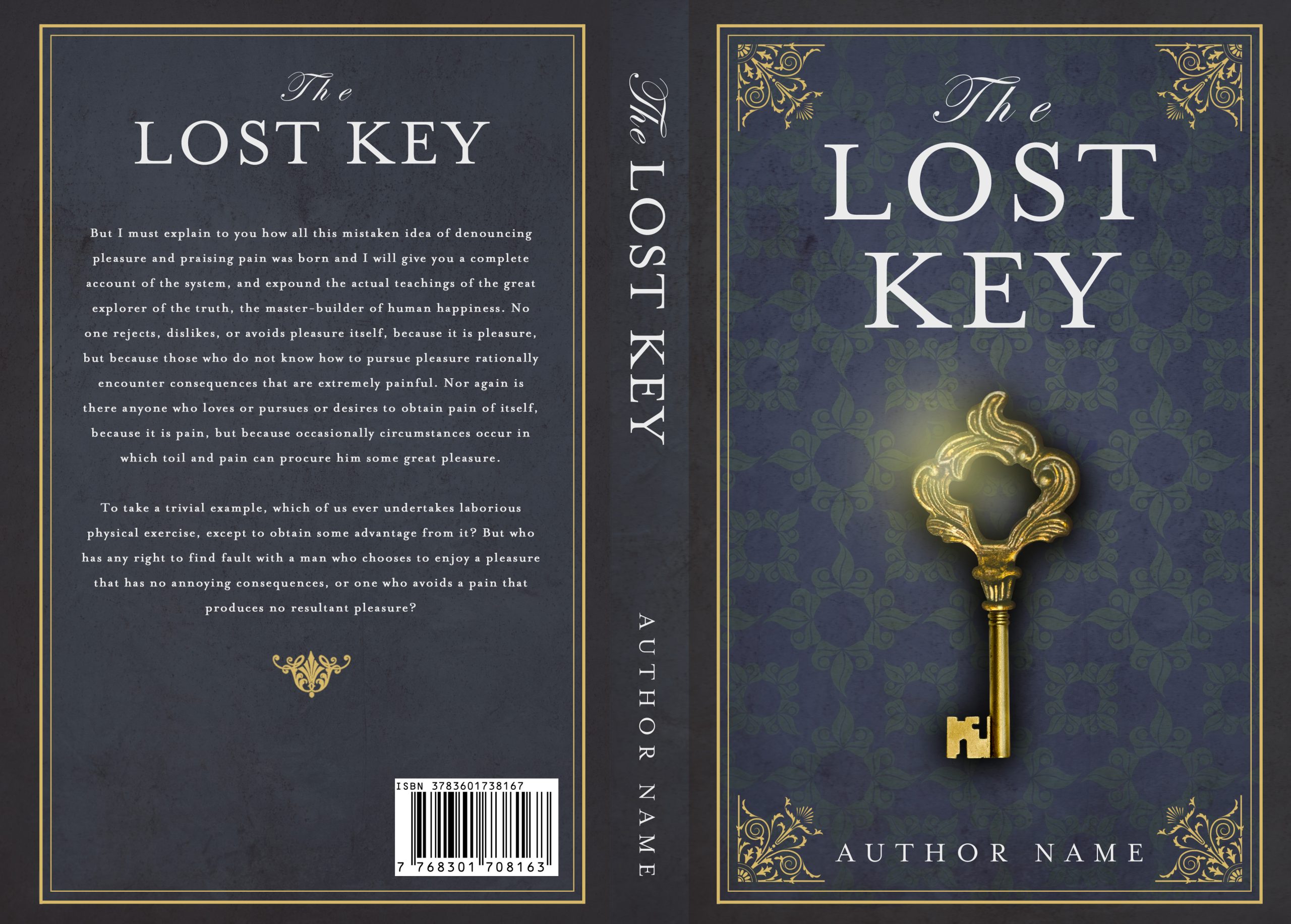 A book cover titled "The Lost Key: Ebook & Paperback Premade Book Cover." The front features an ornate golden key on a dark blue, embellished background. The spine shows the title and author's name. The back contains a summary in white script and a decorative gold border. A barcode is at the bottom. BookSelf Book Cover Design & Premade Book Covers