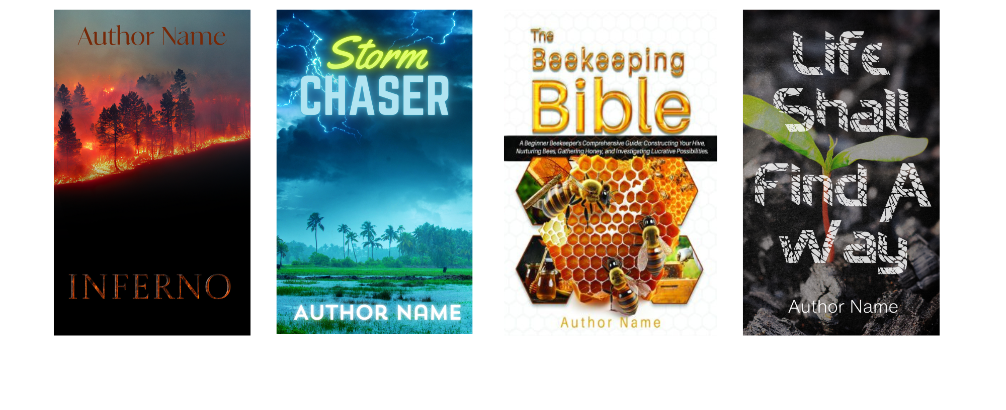 A series of four book covers. From left: "Inferno" features a forest fire, "Storm Chaser" depicts a stormy sky over fields, "The Beekeeping Bible" shows a honeycomb and bees, and "Life Shall Find A Way" displays a plant sprout growing in soil. Each cover includes an author's name. BookSelf Book Cover Design & Premade Book Covers