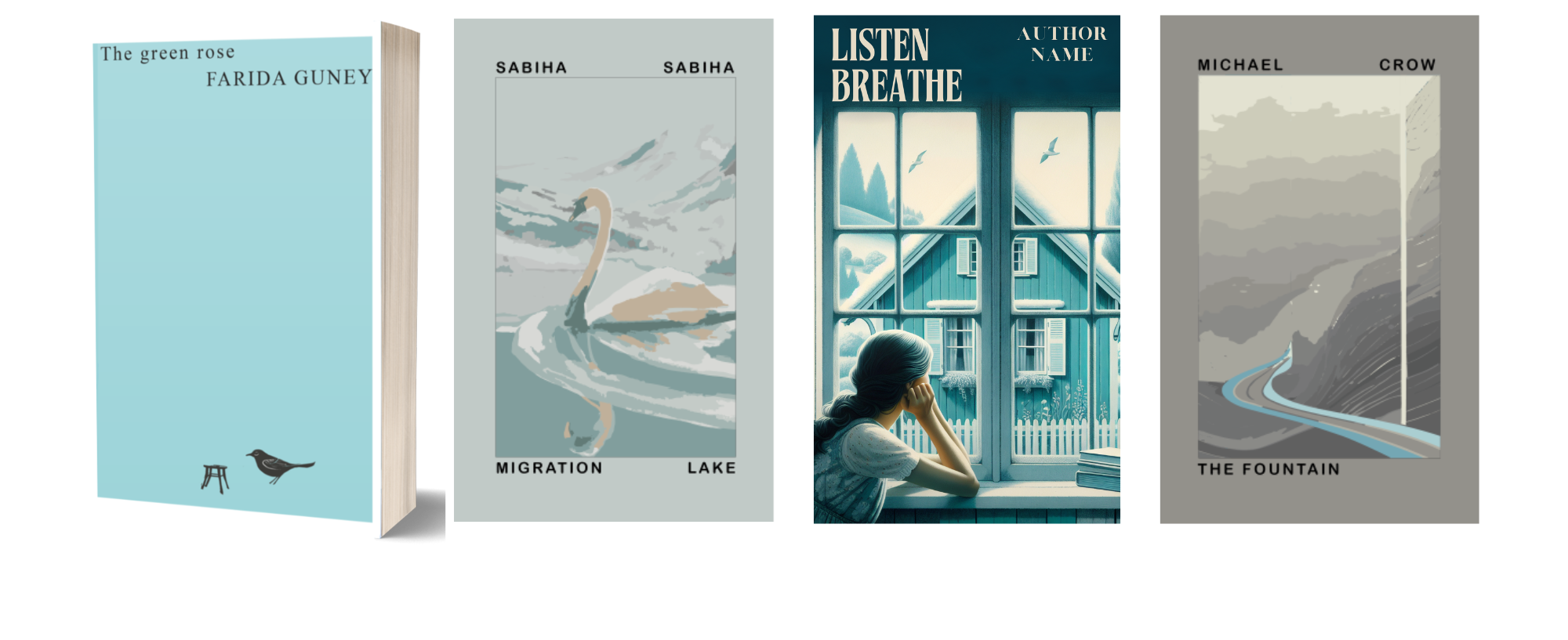 A group of four book covers. The first cover shows a bird and a stool on a light blue background. The second has a swan on a lake. The third depicts a person looking out a window at distant birds. The last features a stylized gray landscape with a winding road leading to a fountain in the distance. BookSelf Book Cover Design & Premade Book Covers