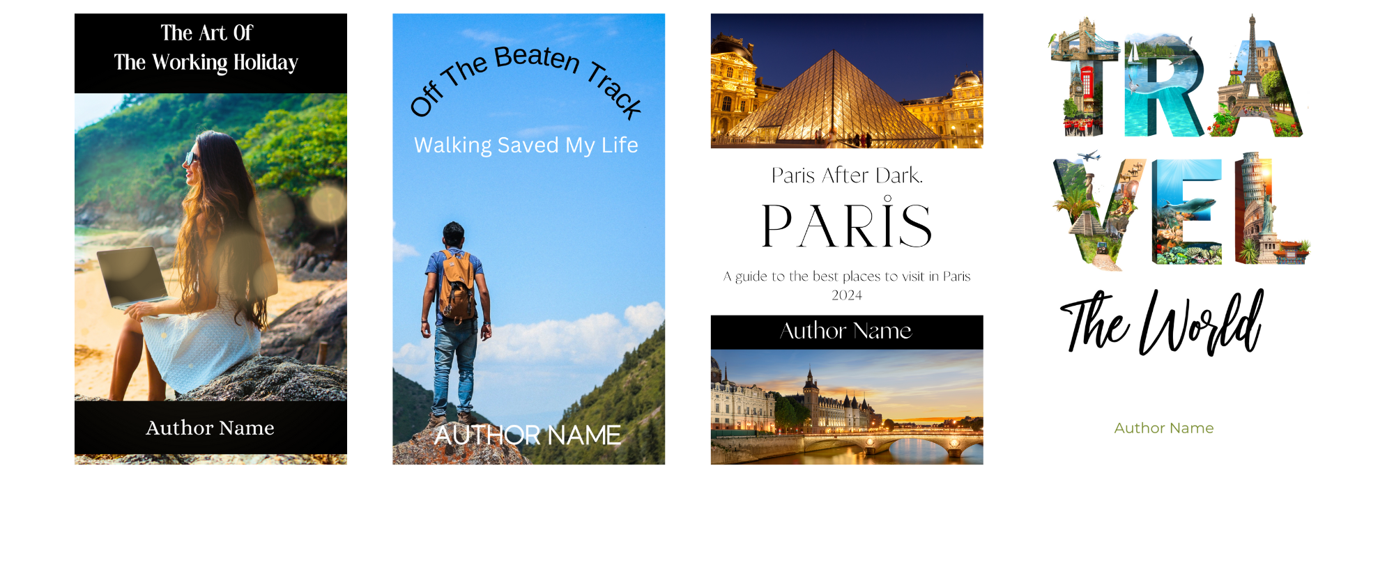 A collage of five book cover images related to travel. Titles include "The Art Of The Working Holiday," "Off The Beaten Track," "Paris After Dark," and "Travel The World." Each cover features travel-themed images such as a woman on a beach, a hiker, the Eiffel Tower, and scenic landscapes. BookSelf Book Cover Design & Premade Book Covers