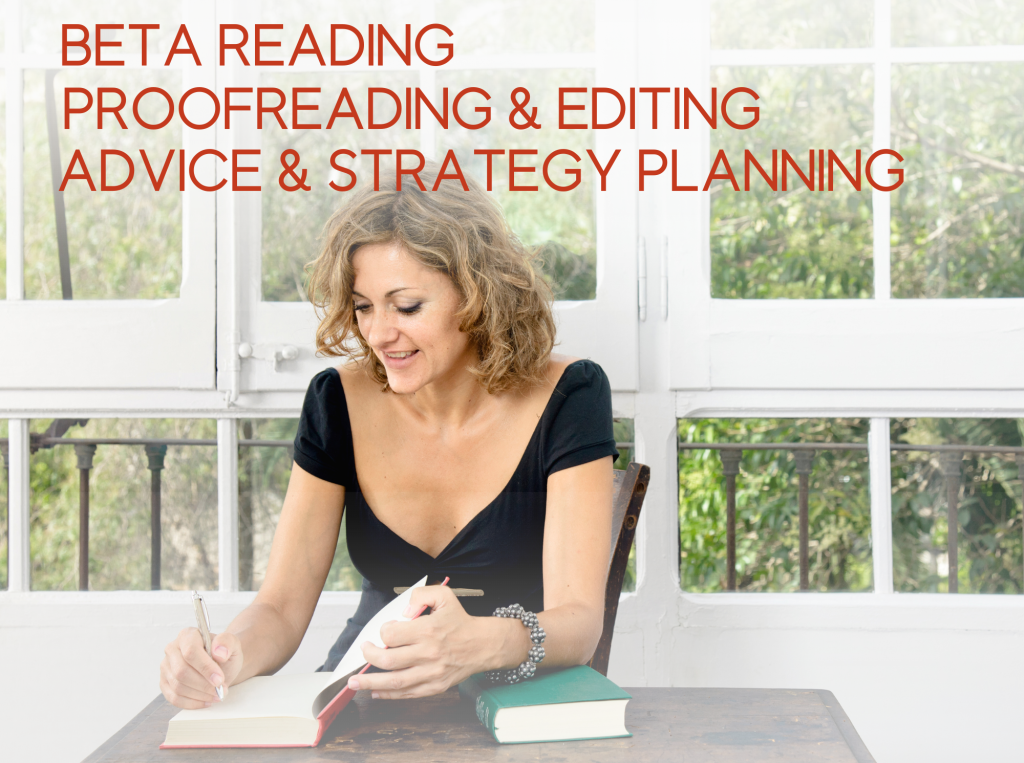 A woman with shoulder-length blonde hair, wearing a black top, sits at a wooden table with a notebook and a closed book. She is writing with a pen. The background is a bright room with large windows showing greenery. Text on the image reads: "Self-Publishing Services: Beta reading, proofreading & editing, advice & strategy planning. BookSelf Book Cover Design & Premade Book Covers