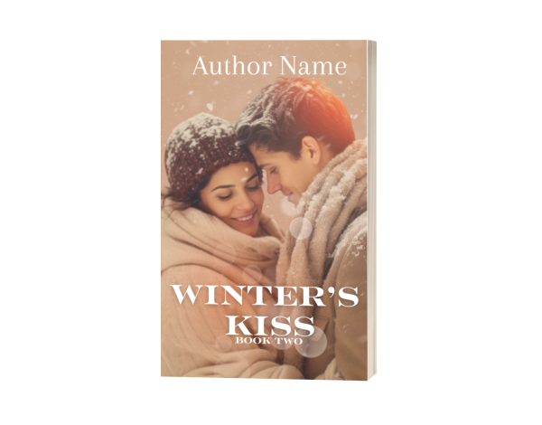 A Lovers Retreat: Premade Book Cover (Copy) titled "Winter's Kiss Book Two" features a couple wrapped in warm clothing, touching foreheads and smiling amidst falling snow. The woman wears a knitted hat, the man a scarf. The author’s name is elegantly written at the top in white text. BookSelf Book Cover Design & Premade Book Covers