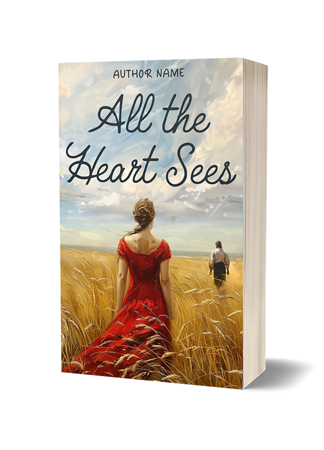 Premade Book Cover. The back of a woman in a beautiful long, red dress gazes out across a billowing wheat field at a man with his back turned. They are both standing in a yellow wheat field, and the sky looks a little stormy. The image has an illustrated, painted, effect. The fonts are in a handwritten style. Suitable for Fiction, Historical Romance, Chic Lit, Young Adult, Drama.